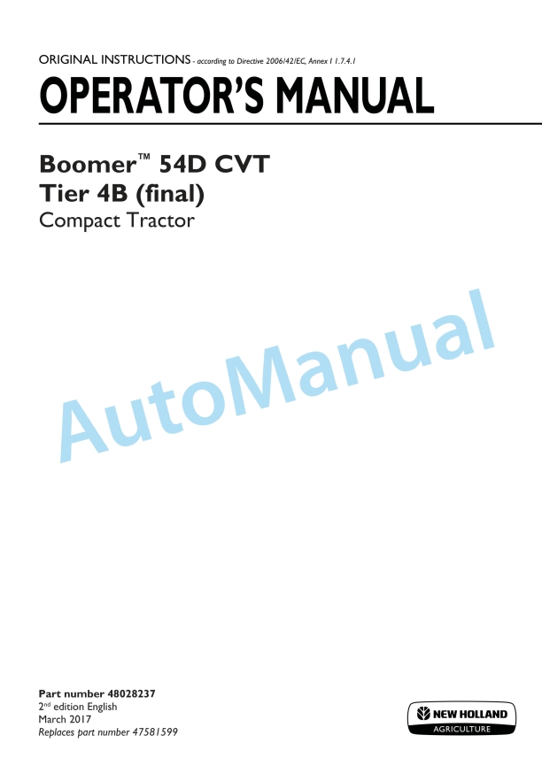 New Holland 54D CVT Boomer Tier 4B Final Compact Tractor Operation and Maintenance Manual 48028237