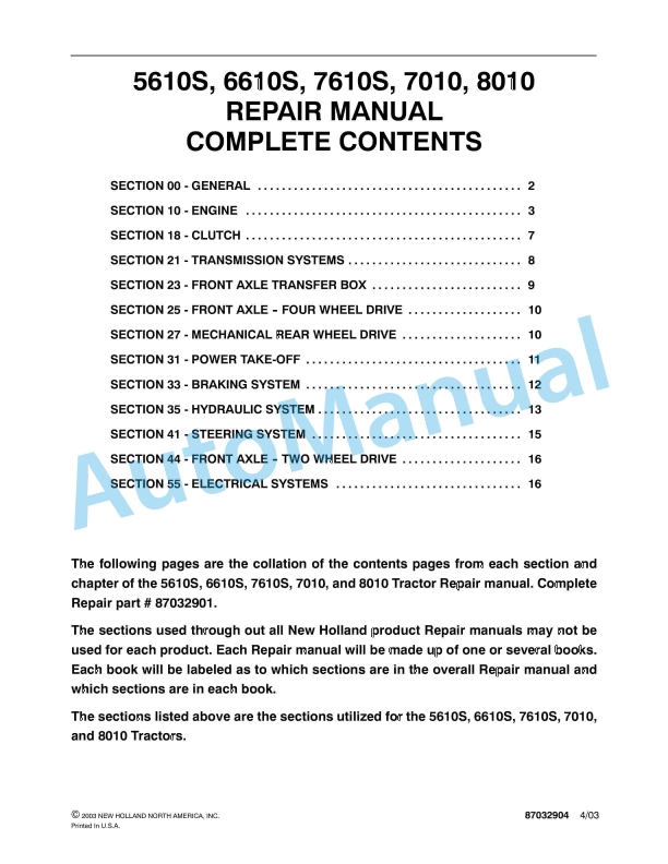 New Holland 5610S, 6610S, 7610S, 7010, 8010 Tractor Repair Manual 87032904
