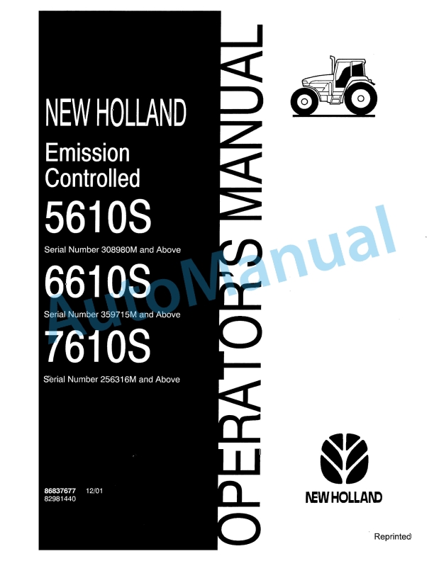 New Holland 5610S, 6610S, 7610S Emission Controlled Operation and Maintenance Manual 86837677