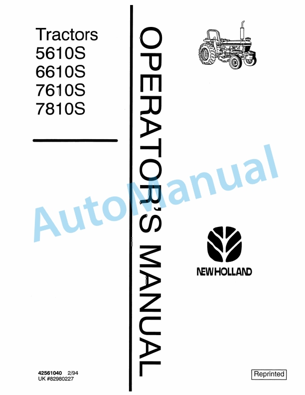 New Holland 5610S, 6610S, 7610S Tractor Operation and Maintenance Manual 42561040