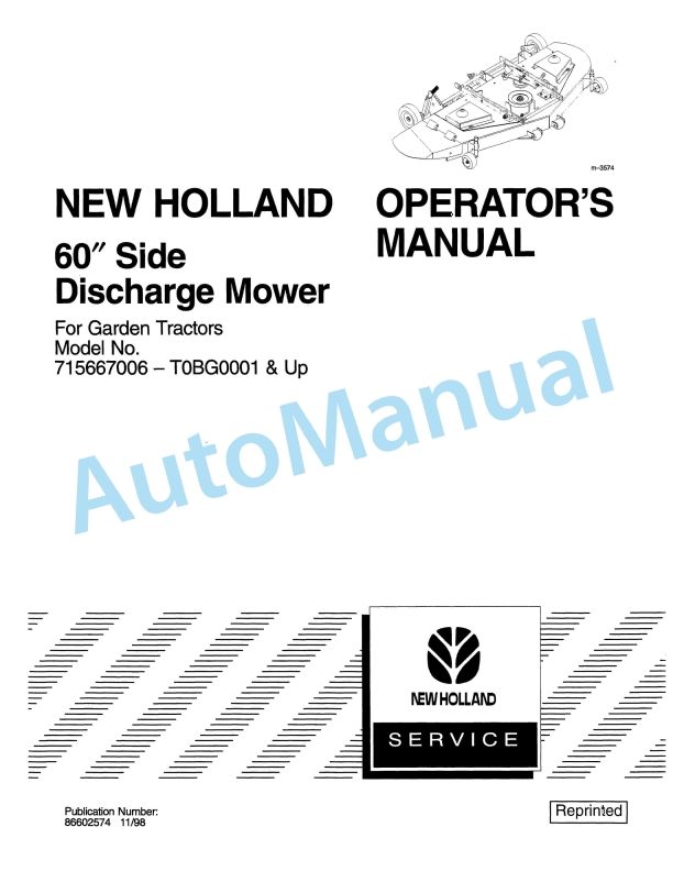 New Holland 60 Side Discharge Mower Operation and Maintenance Manual 86602574