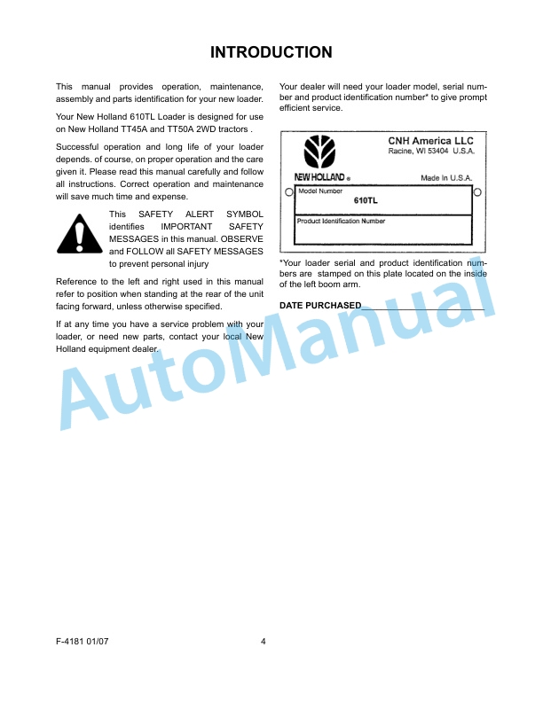 New Holland 610TL Series Farm Loader Operation and Maintenance Manual 87621692-2