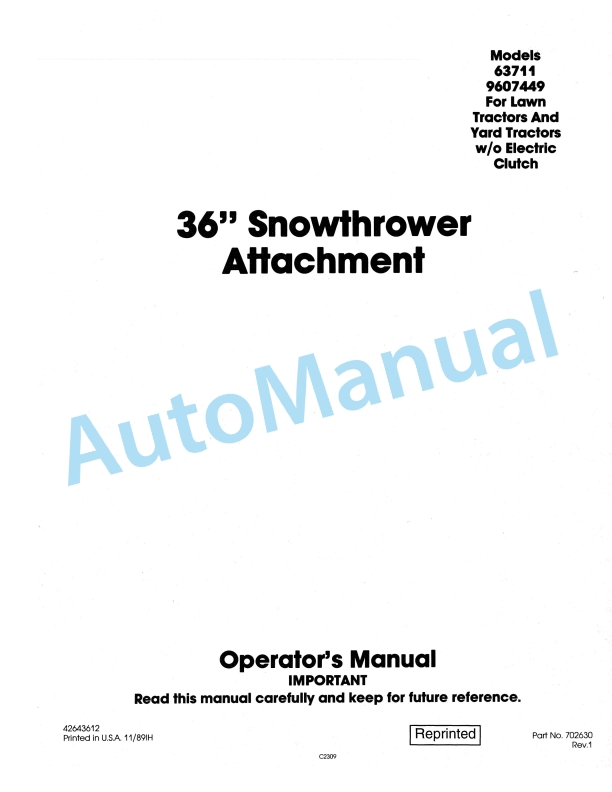 New Holland 63711, 9607449 36in Snowthrower Attachment Operation and Maintenance Manual 42643612
