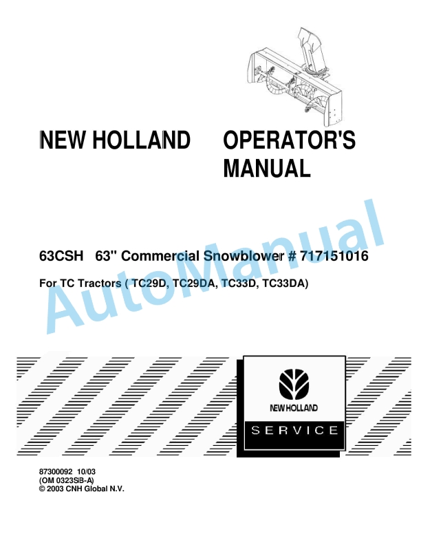 New Holland 63CSH 63in Commercial Snowblower Operation and Maintenance Manual 87300092