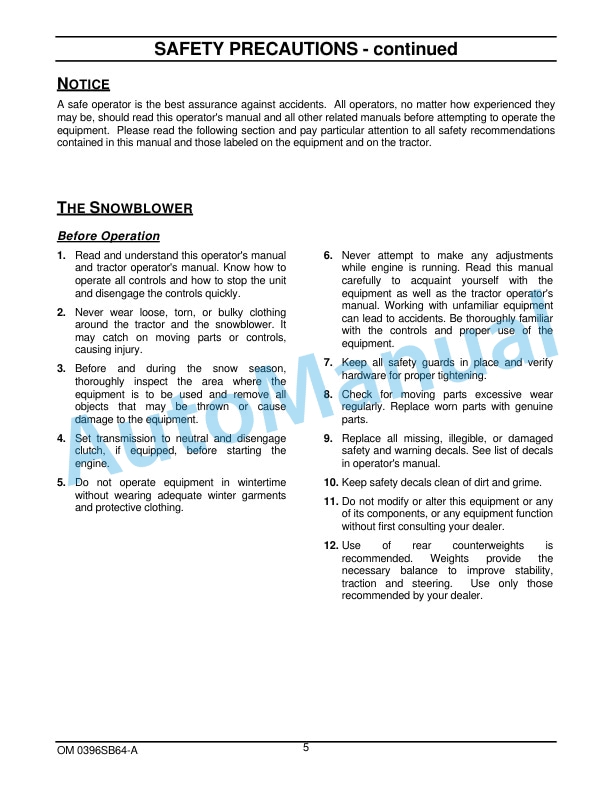 New Holland 64CSR Snowblower Operation and Maintenance Manual 84357591-2