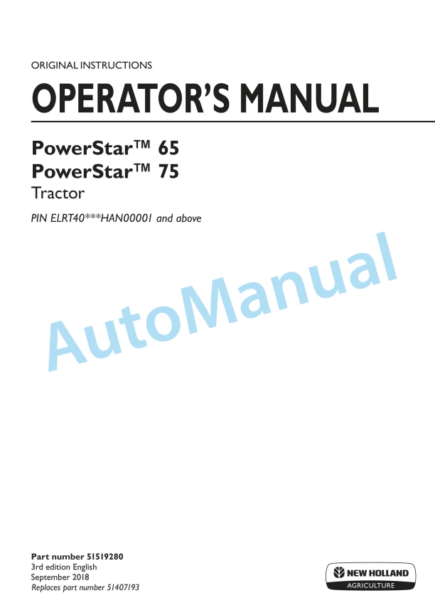New Holland 65, 75 PowerStart Tractor Operation and Maintenance Manual 51519280