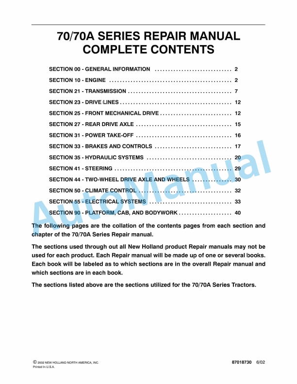 New Holland 70, 70A Series Tractor Repair Manual 87018730