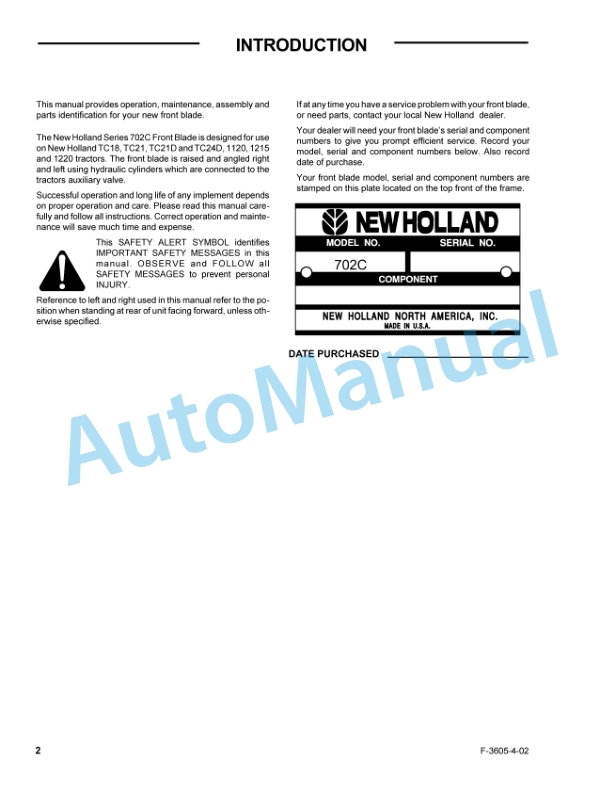 New Holland 702C Series 1120, 1215, 1220, TC18, TC21, TC21D, TC24D Tractor Operation and Maintenance Manual 87014674-2