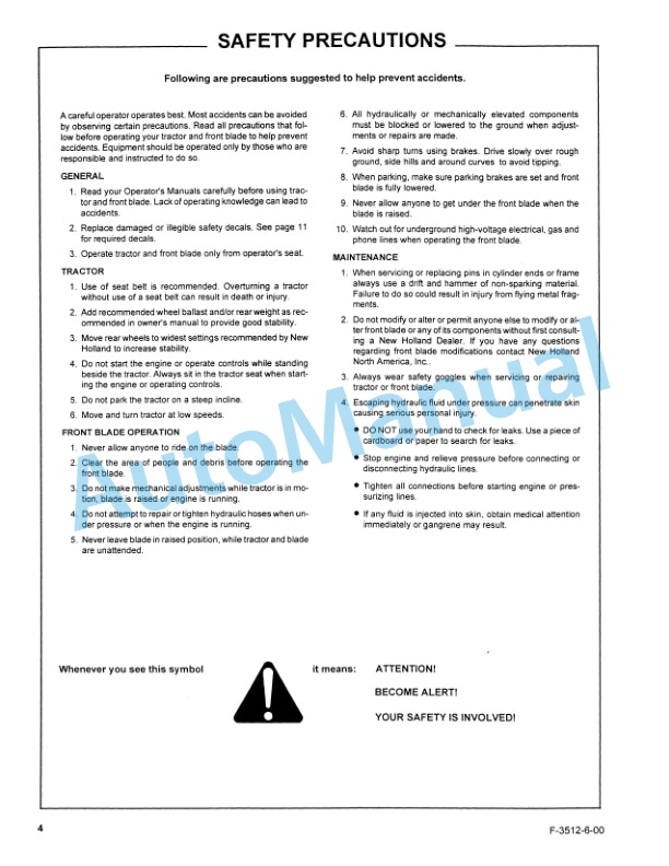 New Holland 702C Series Front Blade Operation and Maintenance Manual 86615960-3