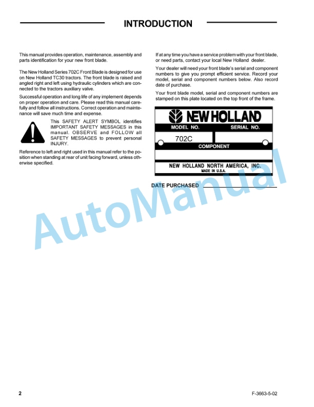 New Holland 702C Series Front Blade Operation and Maintenance Manual 87012637-2