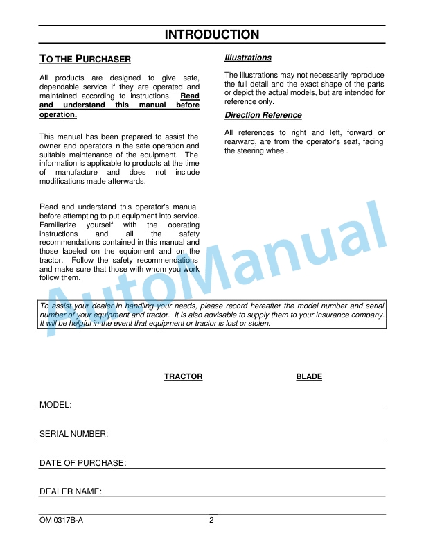 New Holland 702D 60in Front Dozer Blade Operation and Maintenance Manual 87300414-2