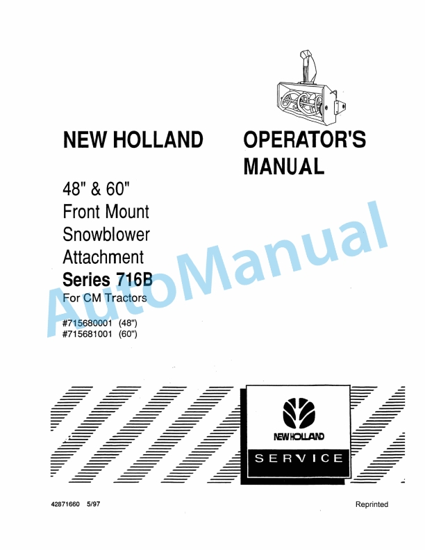 New Holland 716B Series 48in, 60in Front Mount Snowblower Attachment Operation and Maintenance Manual 42871660