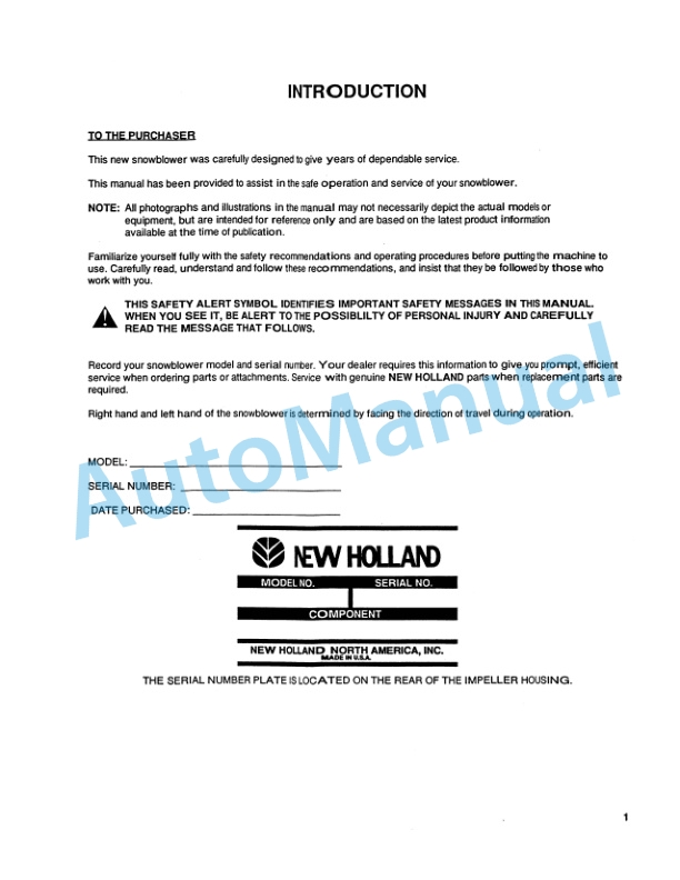 New Holland 716B Series 48in, 60in Front Mount Snowblower Attachment Operation and Maintenance Manual 42871660-2