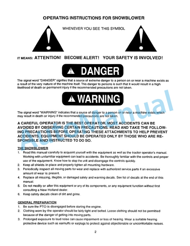 New Holland 716B Series 48in Front Mount Snowblower Attachment Operation and Maintenance Manual 42871650-2
