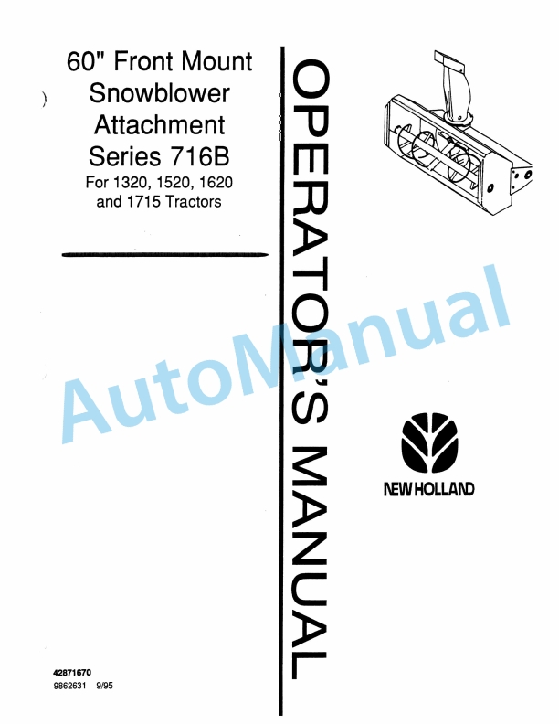 New Holland 716B Series 60in Front Mount Snowblower Attachment Operation and Maintenance Manual 42871670