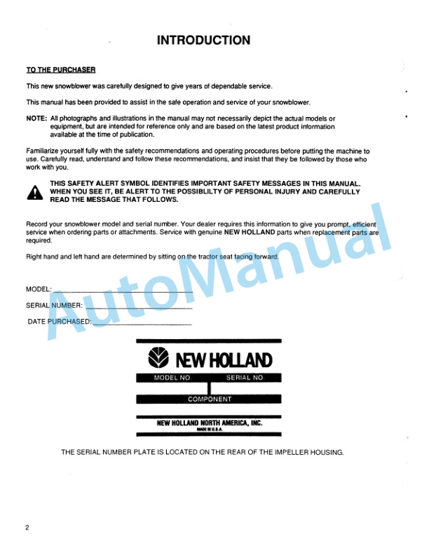 Alternative view of New Holland 716B Series 60in Front Mount Snowblower Attachment Operation and Maintenance Manual 42871670
