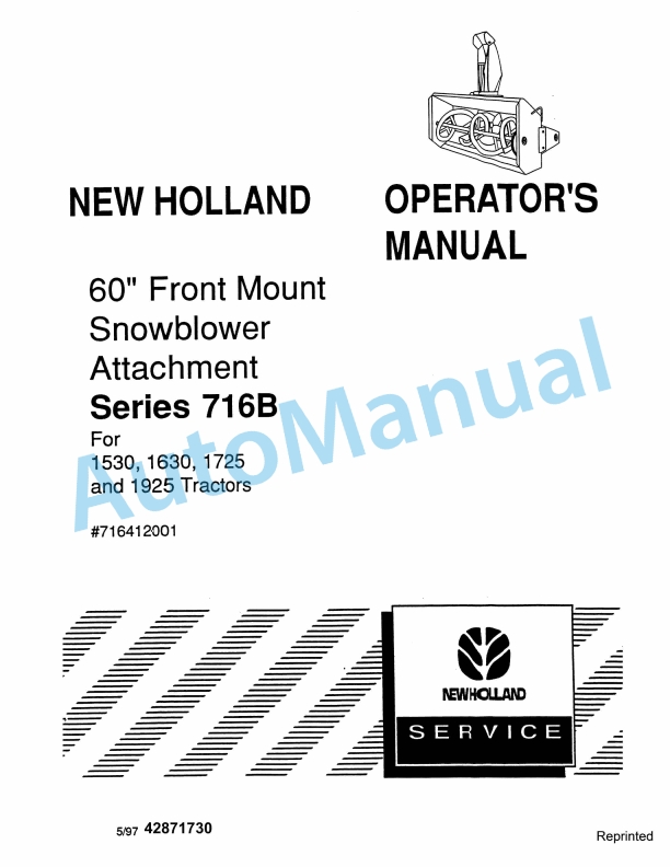 New Holland 716B Series 60in Front Mount Snowblower Attachment Operation and Maintenance Manual 42871730