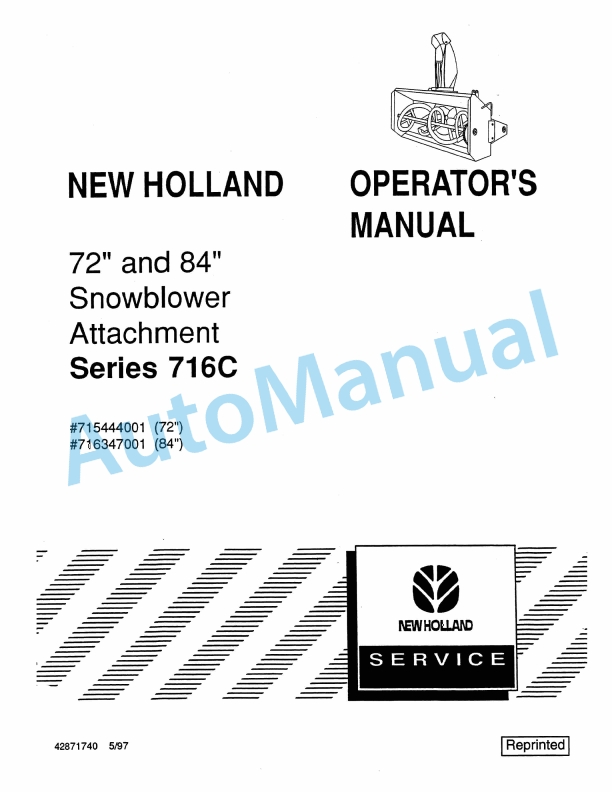 New Holland 716C Series 72in, 84in Front Mount Snowblower Attachment Operation and Maintenance Manual 42871740