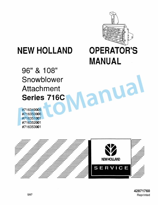 New Holland 716C Series 96in, 108in Snowblower Attachment Operation and Maintenance Manual 42871760