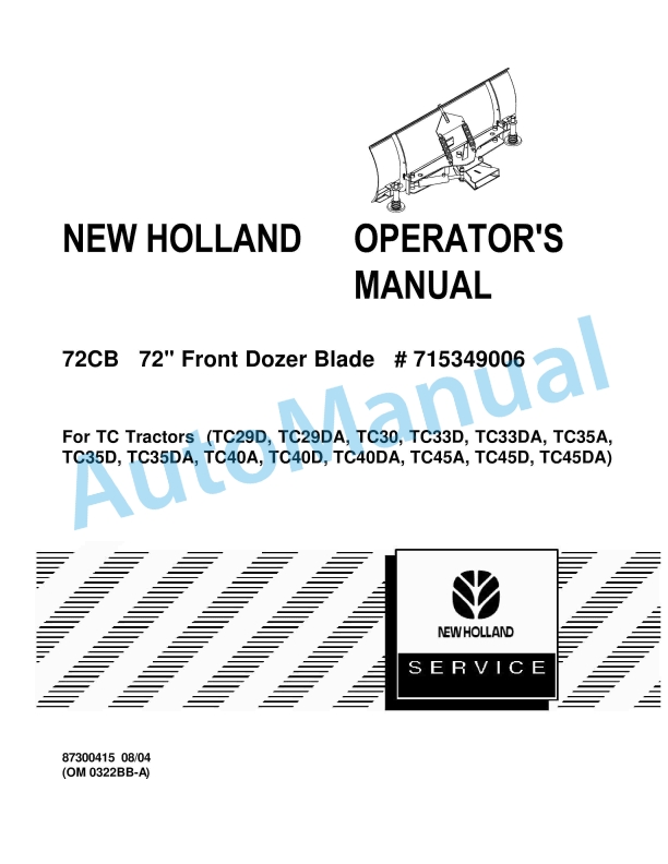 New Holland 72CB 72in Front Dozer Blade Operation and Maintenance Manual 87300415