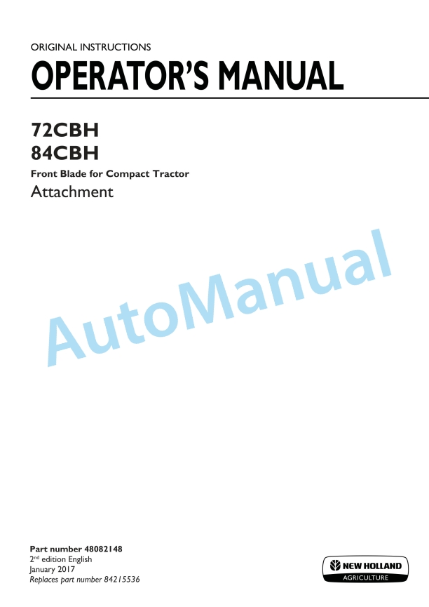 New Holland 72CBH, 84CBH Attachment Operation and Maintenance Manual 48082148