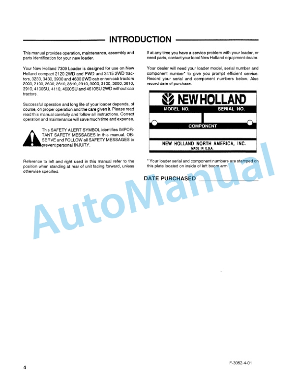 New Holland 7309 Series Quick Attach Farm Loader Operation and Maintenance Manual 86632634-2