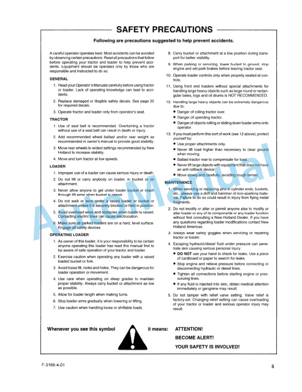 New Holland 7312 Series Quick Attach Farm Loader Operation and Maintenance Manual 86632636-2