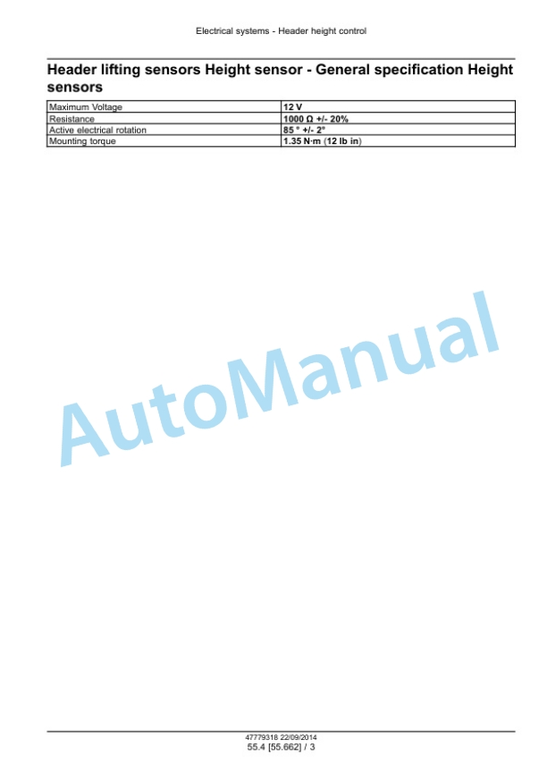 New Holland 790CP Pick-up Header Service Manual 47779318-4