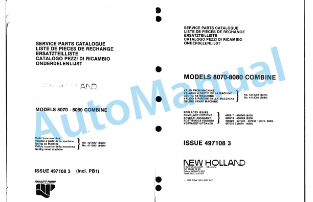 New Holland 8070, 8080 Combine Service Parts Catalogue 497108