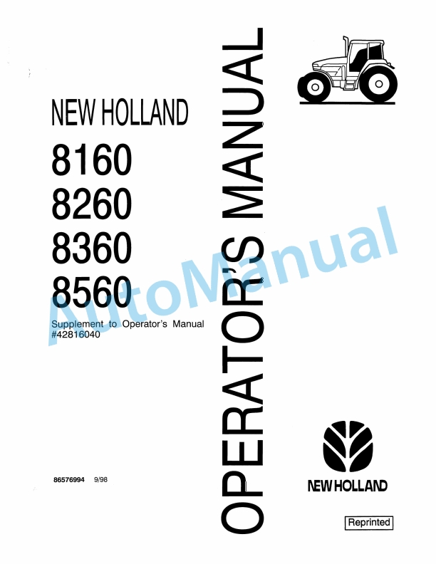 New Holland 8160, 8260, 8360, 8560 Operation and Maintenance Manual 86576994