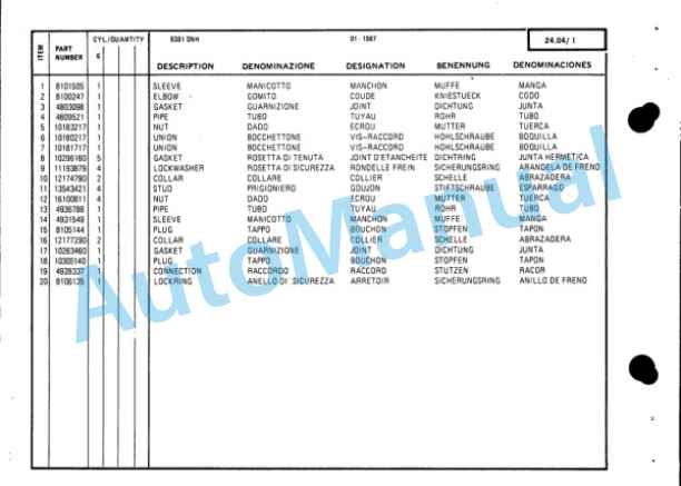 New Holland 8361 SI-10 Fiat Engine Service Parts Catalogue 9504439-5