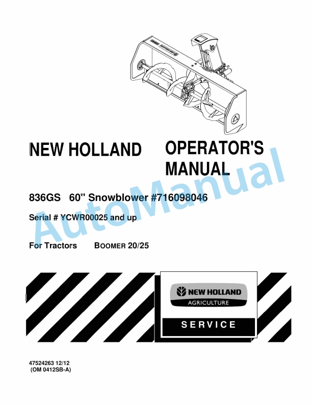 New Holland 836GS 60in Snowblower Operation and Maintenance Manual 47524263