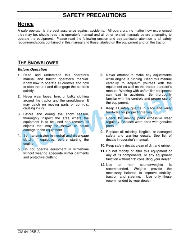 New Holland 836GS 60in Snowblower Operation and Maintenance Manual 47524263-2