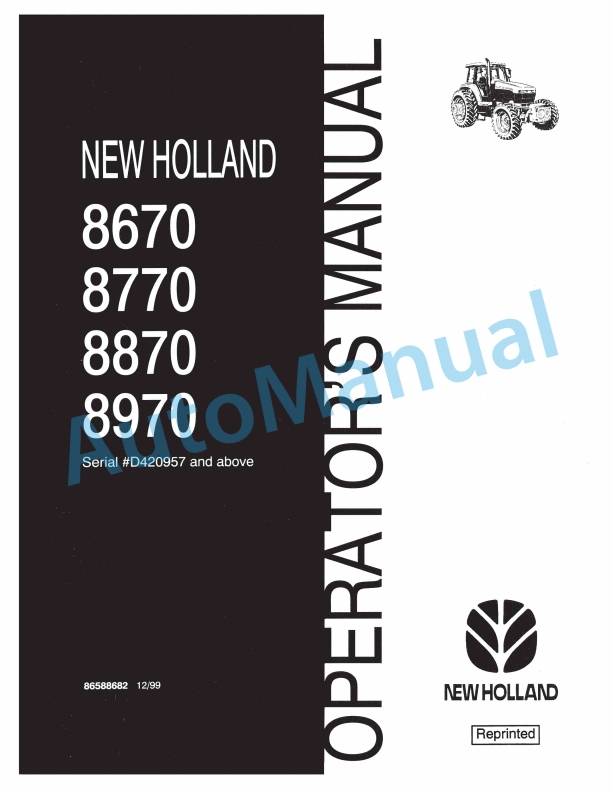 New Holland 8670, 8770, 8870, 8970 Operation and Maintenance Manual 86588682
