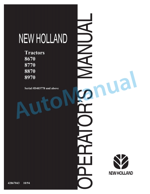 New Holland 8670, 8770, 8870, 8970 Tractor Operation and Maintenance Manual 42867043