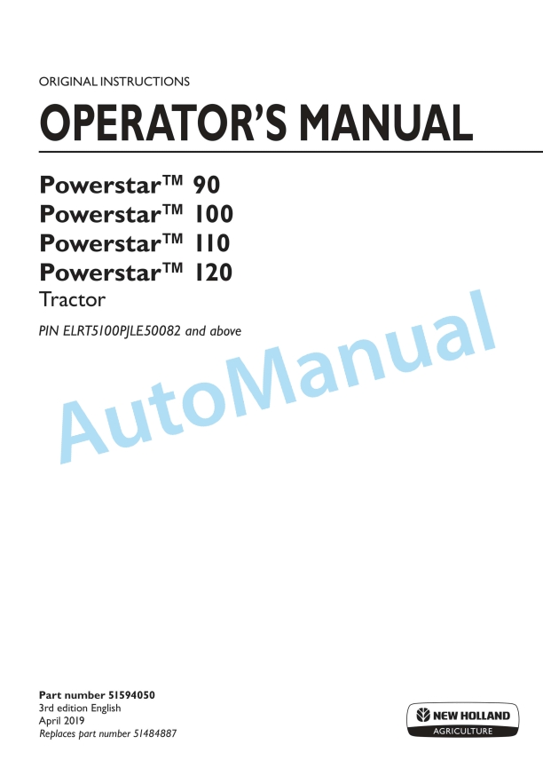 New Holland 90, 100, 110, 120 PowerStar Tractor Operation and Maintenance Manual 51594050