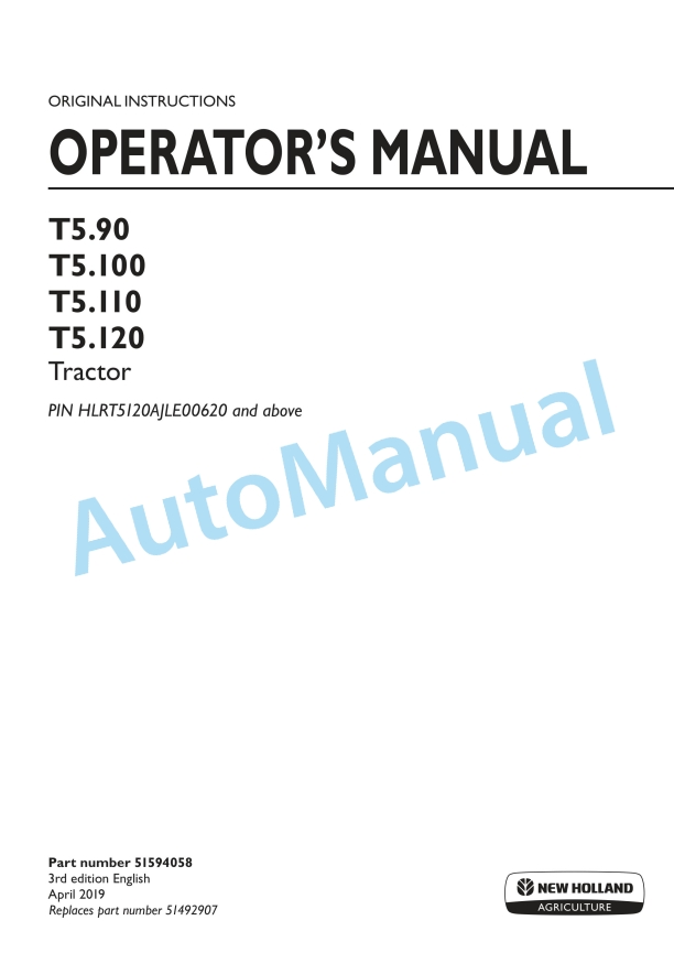 New Holland 90, 100, 110, 120 Tractor Operation and Maintenance Manual 51594058