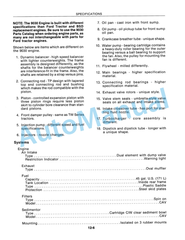 New Holland 9030 Specifications Repair Manual 40903012-3