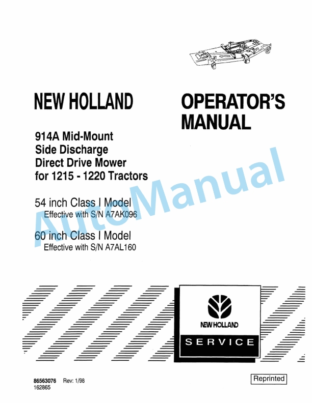 New Holland 914A Mid-Mount Side Discharge Direc Drive Mover Operation and Maintenance Manual 86563076