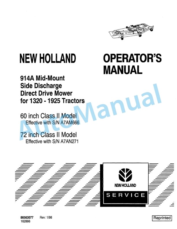 New Holland 914A Mid-Mount Side Discharge Direc Drive Mover Operation and Maintenance Manual 86563077