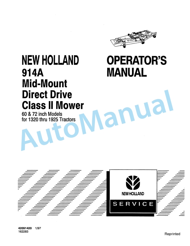 New Holland 914A Series Mid-Mount Direct Drive Class II Mower Operation and Maintenance Manual 42091420