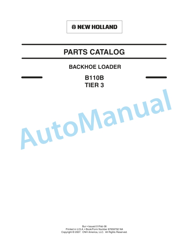 New Holland B110B Tier III Backhoe Loader Parts Catalogue 87659792NA