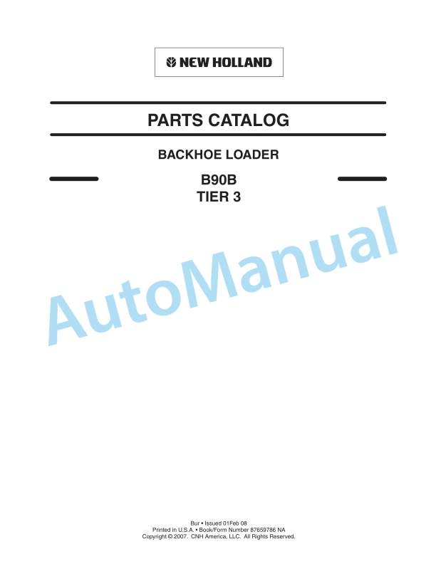 New Holland B90B Tier III Backhoe Loader Parts Catalogue 87659786NA