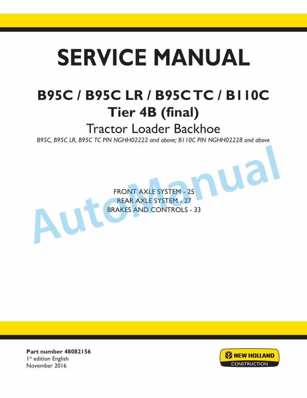New Holland B95C, B95CLR, B95CTC, B110C Tier 4B Final Tractor Loader Backhoe Service Manual 48082156