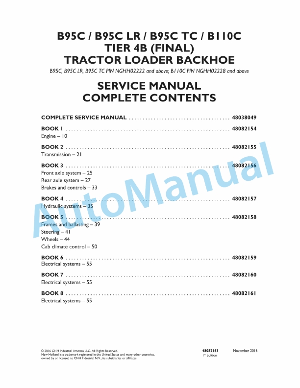 New Holland B95C, B95CLR, B95CTC, B110C Tier 4B Final Tractor Loader Backhoe Service Manual 48082163