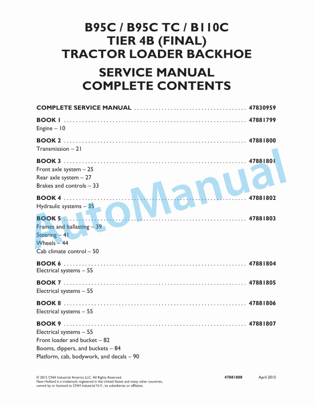 New Holland B95C, B95CTC, B110C Tier 4B Final Tractor Loader Backhoe Service Manual 47881808