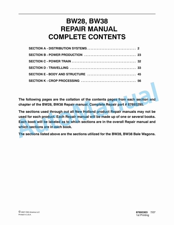 New Holland BW28, BW38 Bale Wagon Repair Manual 87693303