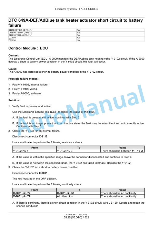 New Holland CR8.90, CR9.90, CX8.90 Tier 4A, CR10.90, CX8.80 Tier 4B Final Combine Service Manual 48017730-2