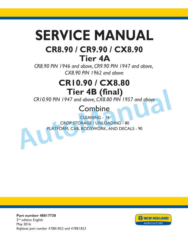New Holland CR8.90, CR9.90, CX8.90 Tier 4A, CR10.90, CX8.80 Tier 4B Final Combine Service Manual 48017738