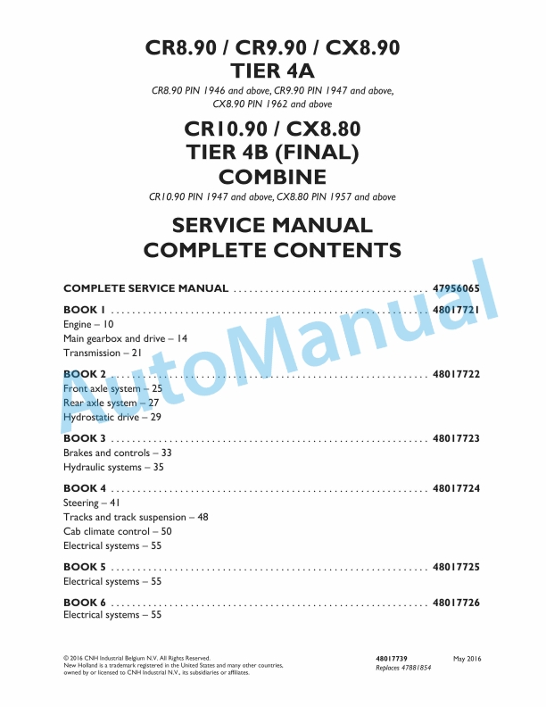 New Holland CR8.90, CR9.90, CX8.90 Tier 4A, CR10.90, CX8.80 Tier 4B Final Combine Service Manual 48017739